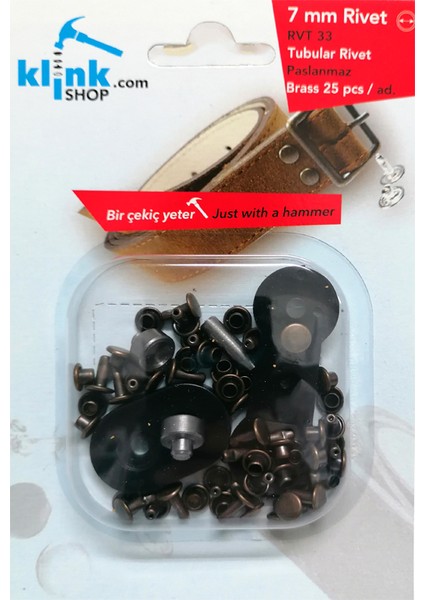 KLİNKSHOP Rivet 7 mm Antik Sarı Kendin Yap Kiti, Çanta, Cüzdan, Kemer, Kot Pantolon, Için Çekiçle Uygulama Aparatları ve 25 Adet Malzeme (Takım)-Paslanmaz Pirinç