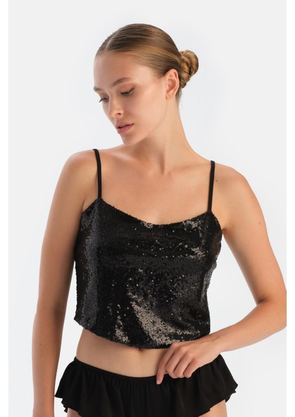 Siyah Payetli Crop Top