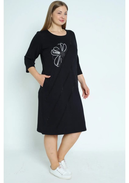 Kadın Siyah Taş Detaylı Cepli Truvakar Kollu Pamuklu Büyük Beden Elbise fiyatları