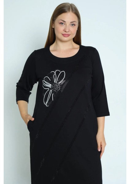 Kadın Siyah Taş Detaylı Cepli Truvakar Kollu Pamuklu Büyük Beden Elbise modelleri