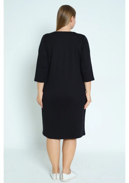 Kadın Siyah Taş Detaylı Cepli Truvakar Kollu Pamuklu Büyük Beden Elbise fırsatları