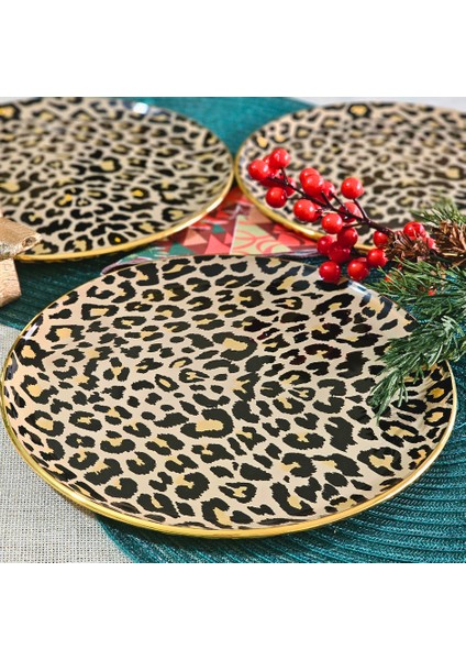 Leopar Somon Altın Yaldızlı Cam Servis Tabağı Takımı