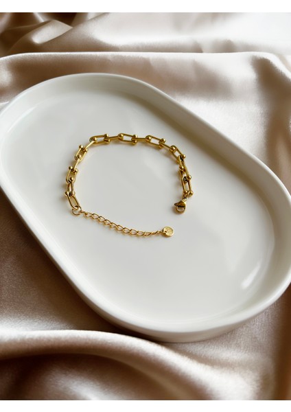 Kalın Düğüm Zincir Gold Çelik Bileklik