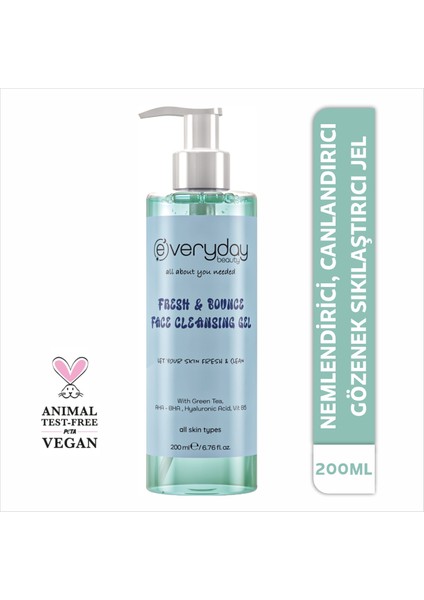 Fresh & Bounce Canlandırıcı Yüz Temizleme Jeli Yeşil Çay Ferahlığı Nemlendirme Etkili Vitamin Destekli 200 ml