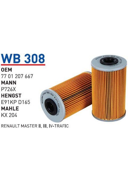 Wb308 Oem 7701207667 Renault Master II III IV Trafıc II Yakıt Filtre Mazot