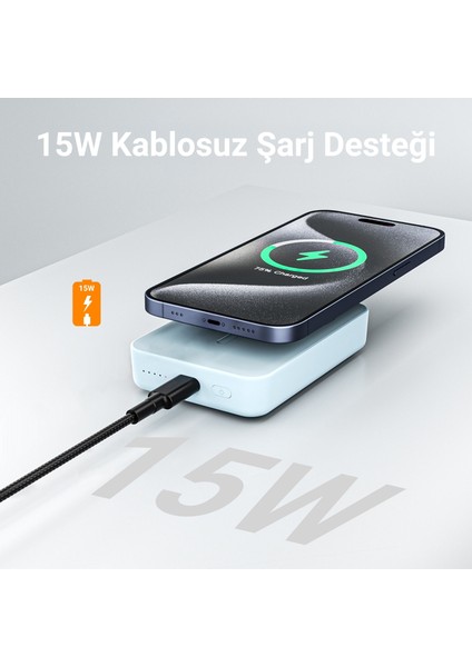 10000MAH Magsafe Powerbank Standlı PD20W Taşınabilir Kablosuz Hızlı Şarj Cihazı Beyaz