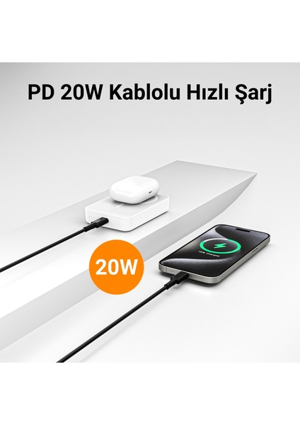 10000MAH Magsafe Powerbank Standlı PD20W Taşınabilir Kablosuz Hızlı Şarj Cihazı Beyaz