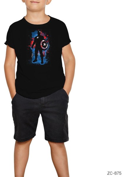 Captain America Stencil Siyah Çocuk Tişört
