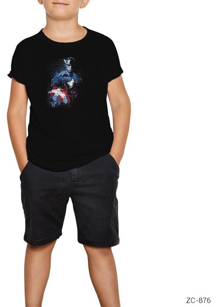 Captain America Stencil 2 Siyah Çocuk Tişört