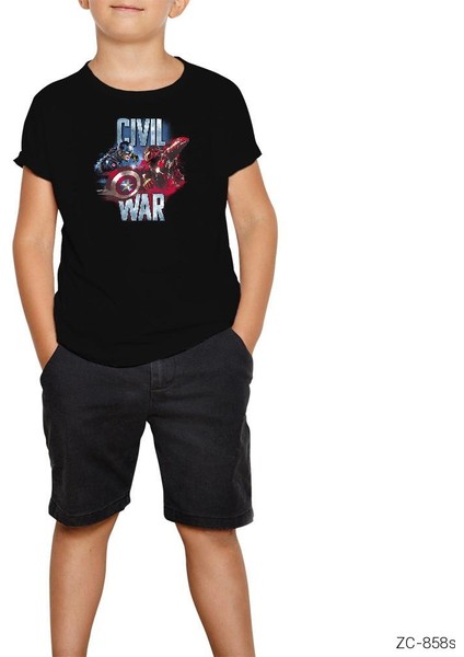 Civil War Captain America Iron Man Siyah Çocuk Tişört