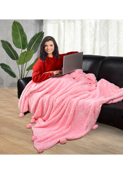Ayıcı Oyuncak Ponponlu 200X220 cm Pelüş Tv Battaniyesi