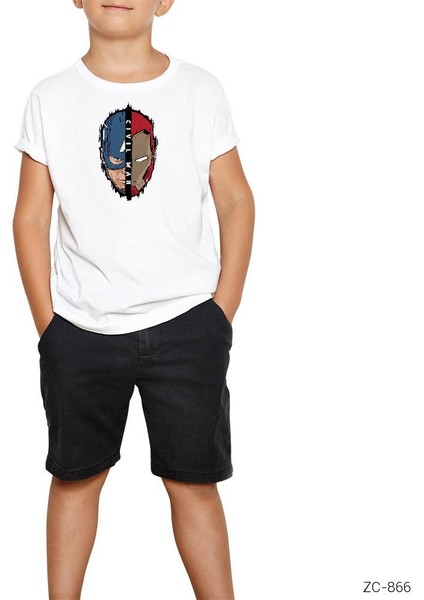 Civil War Iron Man Captain America Face Beyaz Çocuk Tişört