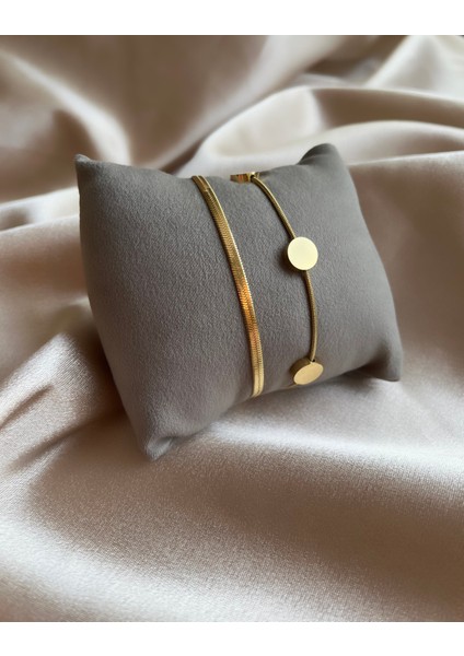 2li Italyan Zincirli Üç Nokta Gold Çelik Bileklik