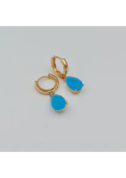 Gold Mavi Damla Kesim Taşlı Sallantılı Küpe