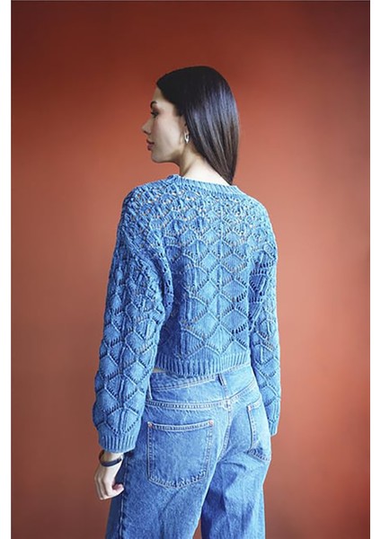 Kadın Ajurlu Triko Kazak Indigo