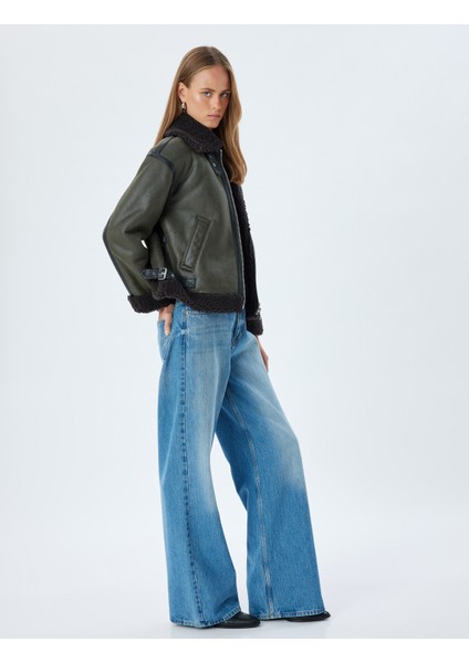 Suni Deri Kısa Oversize Biker Ceket Suni Kürklü Peluş Astarlı Cepli