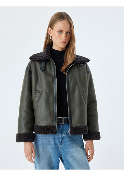 Suni Deri Kısa Oversize Biker Ceket Suni Kürklü Peluş Astarlı Cepli fiyatları