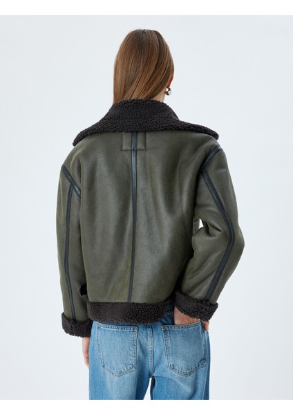 Suni Deri Kısa Oversize Biker Ceket Suni Kürklü Peluş Astarlı Cepli fırsatları