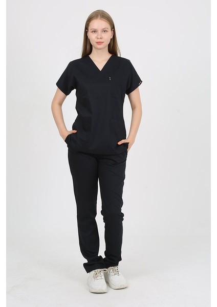 Daisy V Yaka Koyu Lacivert Unisex Uniforma (Likralı) M - Takım - Hayır Isim Yazılmasın