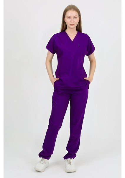 Daisy V Yaka Mor Unisex Uniforma (Likralı) S - Takım - Hayır İsim Yazılmasın fiyatları