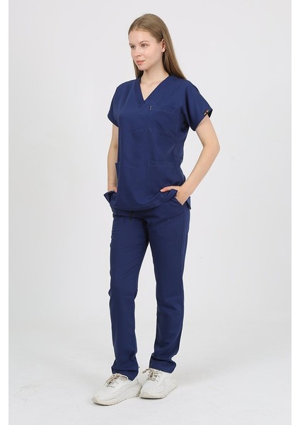Daisy V Yaka Koyu Indigo Unisex Uniforma (Likralı) M - Takım - Hayır Isim Yazılmasın