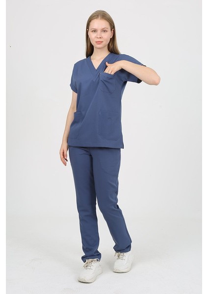 Daisy V Yaka Indigo Unisex Uniforma (Likralı) M - Takım - Hayır Isim Yazılmasın fiyatları