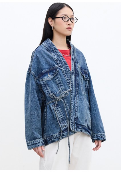 Kimono Tarz Denim Ceket Mavi