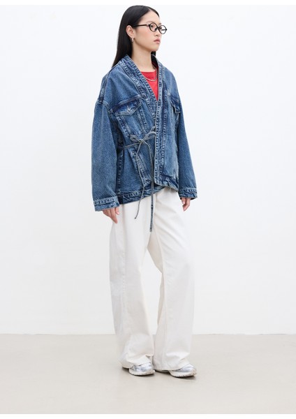 Kimono Tarz Denim Ceket Mavi