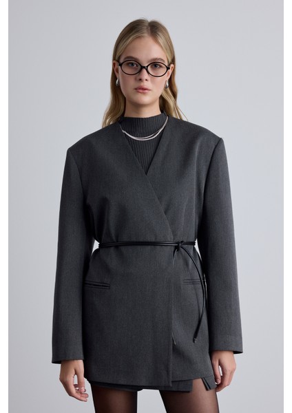 Klasik Görünüm Kemerli Blazer Ceket Antrasit