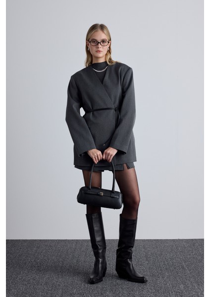 Klasik Görünüm Kemerli Blazer Ceket Antrasit fiyatları