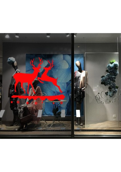 Tekno Trust Kırmızı Yılbaşı Süslemeleri Geyikler Sticker Çıkartma 85X100CM -