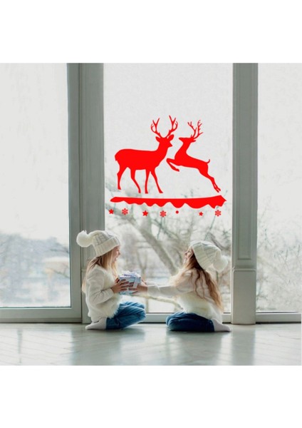 Tekno Trust Kırmızı Yılbaşı Süslemeleri Geyikler Sticker Çıkartma 85X100CM -