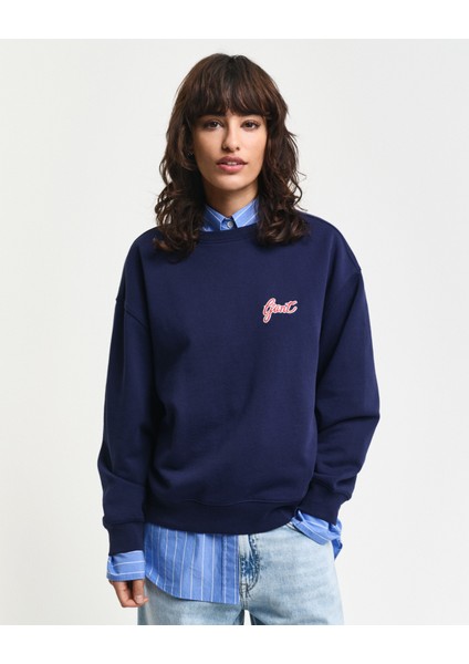 Kadın Lacivert Loose Fit Bisiklet Yaka Logolu Sweatshirt 4201239.409