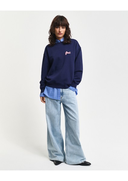 Kadın Lacivert Loose Fit Bisiklet Yaka Logolu Sweatshirt 4201239.409