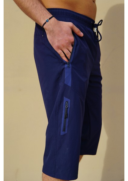 Erkek Lacivert Düz Renk Üç Yan Cepli Esnek Kumaş Hızlı Kuruyan Kapri Mayo Deniz Şortu