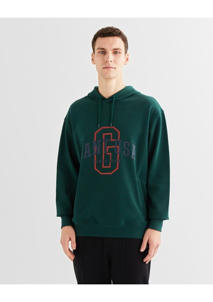 Erkek Yeşil Relaxed Fit Kapüşonlu Logolu Sweatshirt 2524338T.374