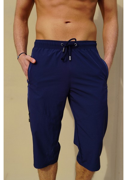 Erkek Lacivert Düz Renk Üç Yan Cepli Esnek Kumaş Hızlı Kuruyan Kapri Mayo Deniz Şortu fırsatları