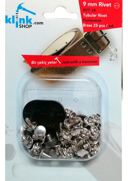 KLİNKSHOP Rivet 9 mm Gümüş Renk Kendin Yap Kiti, Çanta, Cüzdan, Kemer, Kot Pantolon, için Çekiçle Uygulama Aparatları ve 25 Adet Malzeme (Takım)-Paslanmaz Pirinç