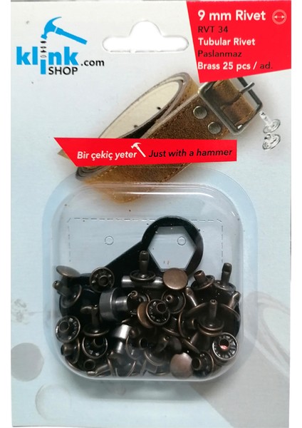 KLİNKSHOP Rivet 9 mm Antik Sarı Renk Kendin Yap Kiti, Çanta, Cüzdan, Kemer, Kot Pantolon, için Çekiçle Uygulama Aparatları ve 25 Adet Malzeme (Takım)-Paslanmaz Pirinç