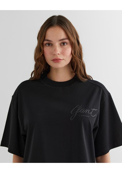Kadın Siyah Relaxed Fit Bisiklet Yaka Logolu T-Shirt 42324322T.5 fırsatları