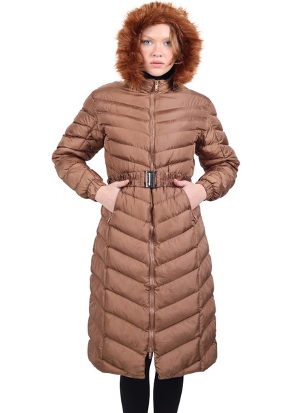 3409 Kapüşonlu Uzun Şişme Mont Taba fırsatları