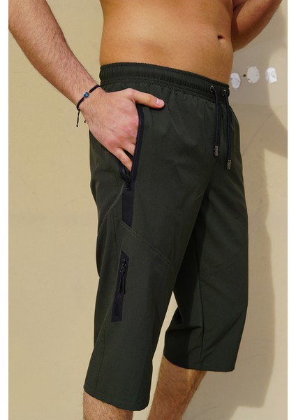 Erkek Haki Düz Renk Üç Yan Cepli Esnek Kumaş Hızlı Kuruyan Kapri Mayo Deniz Şortu fiyatları