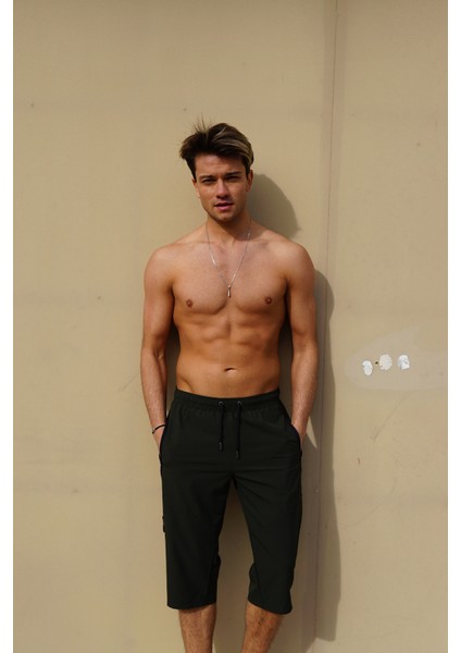 Erkek Haki Düz Renk Üç Yan Cepli Esnek Kumaş Hızlı Kuruyan Kapri Mayo Deniz Şortu indirimleri