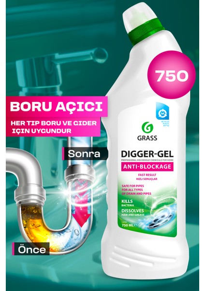 Dıgger-Gel Lavabo Açıcı - Kanalizasyon Boruları Için Alkali Temizleyici Jel (750 Ml)