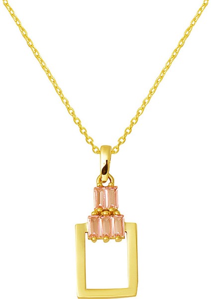 14 Ayar Pembe Taşlı Köşeli Altın Kolye