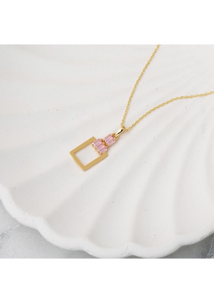 14 Ayar Pembe Taşlı Köşeli Altın Kolye fiyatları