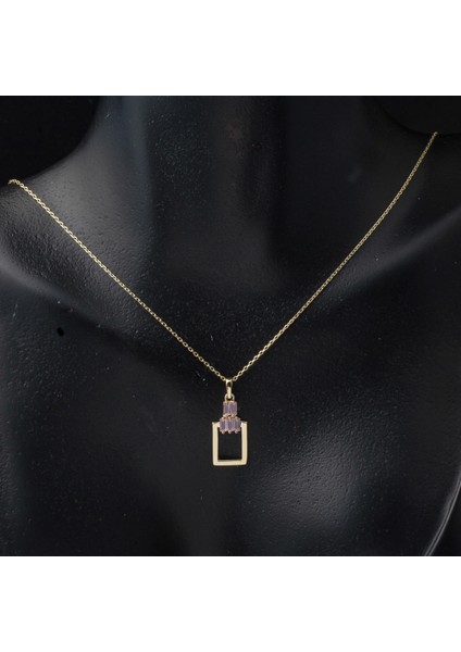 14 Ayar Pembe Taşlı Köşeli Altın Kolye modelleri