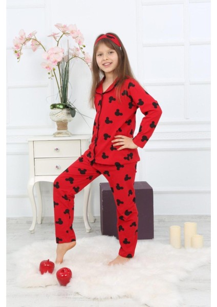 Kız Çocuk Kırmızı Renk Efsane Mickey Mouse Karakter Baskılı Desenli Pijama Alt Üst Takım