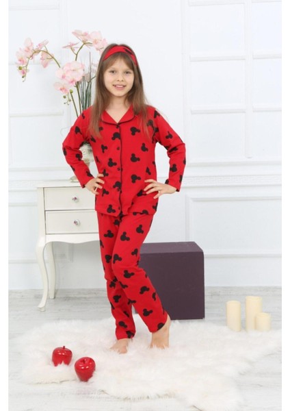 Kız Çocuk Kırmızı Renk Efsane Mickey Mouse Karakter Baskılı Desenli Pijama Alt Üst Takım modelleri