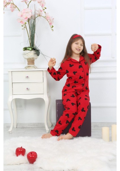 Kız Çocuk Kırmızı Renk Efsane Mickey Mouse Karakter Baskılı Desenli Pijama Alt Üst Takım fırsatları